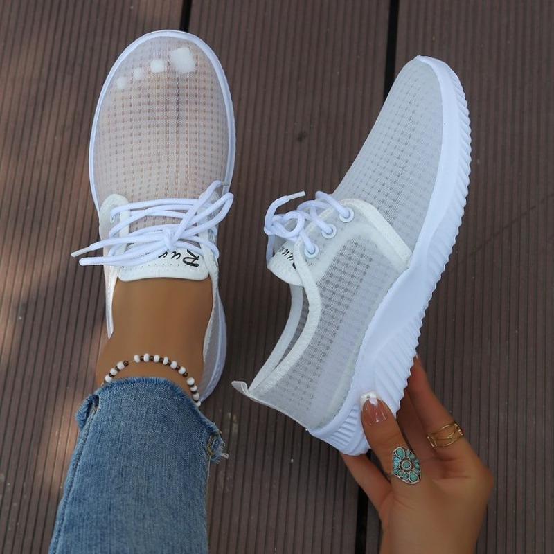 Women'S Shoes Com - Women's Sneakers Round Toe Lace-Up Sheer-Look