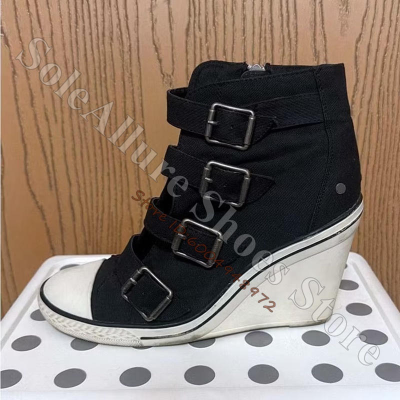 Women'S Shoes Com - Grey Multi Buckle High Top Wedge